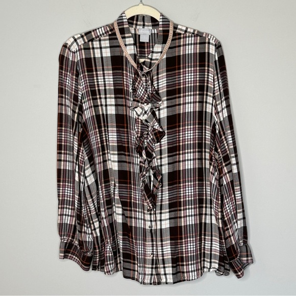 Chicos Size 4 Ruffle Front Brown Plaid Button Front Blouse Top Office Business - Picture 5 of 12